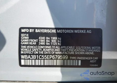 2014 BMW 320I from USA, damaged, VIN WBA3B1C55EP679599